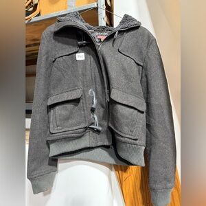 #3411-Max Rave Dark Gray Wool-Blend Pea Coat with Hood